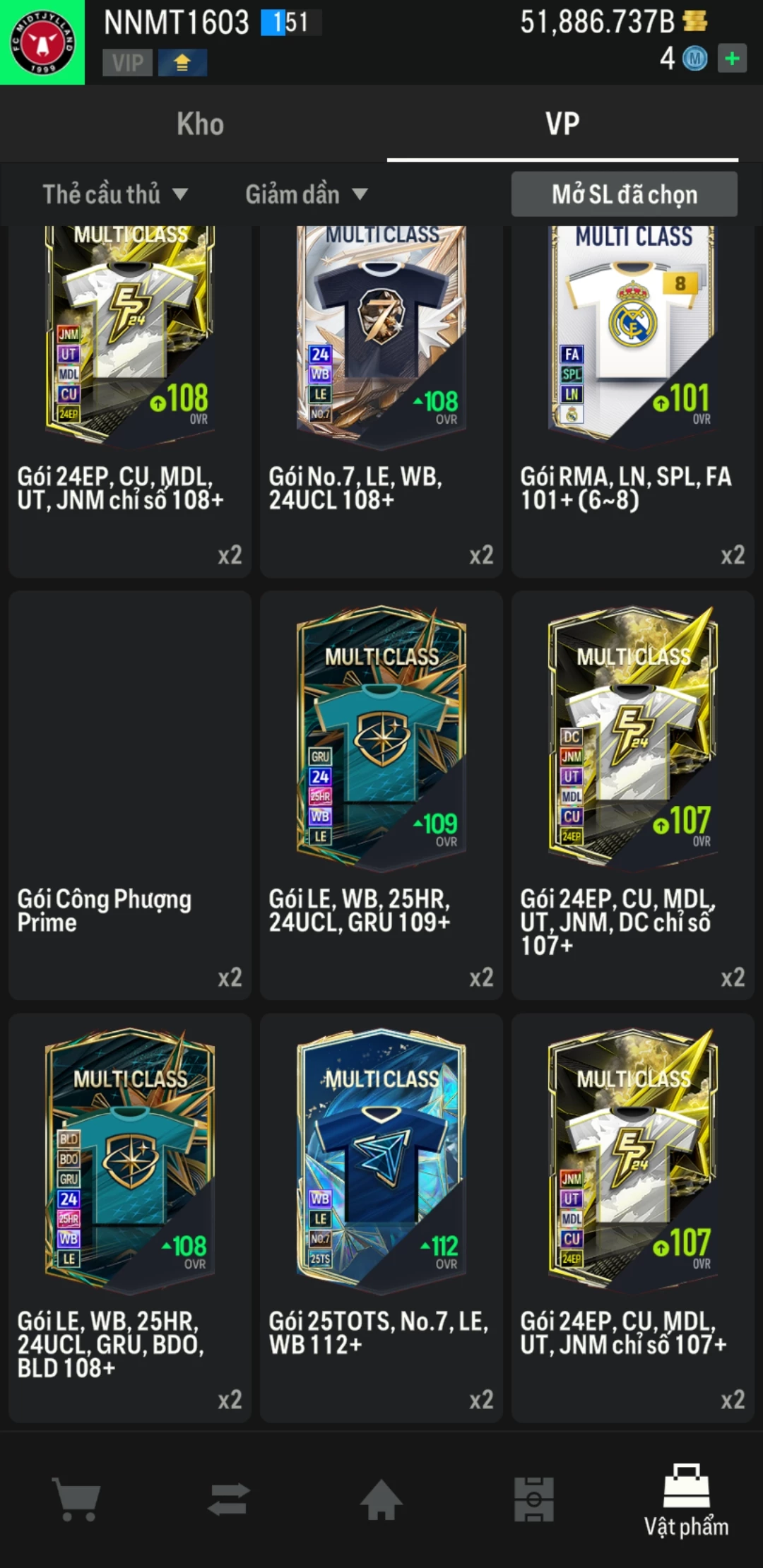 Ảnh ACC mở thẻ (LOẠI SVIP PROMAX) bao gồm có thẻ +12, Thẻ PRIME(QH+, CP+, XS+) và hơn 1500+ đến 1700+ thẻ cầu thủ từ Siêu sao đến Miền núi các loại. Acc có sẵn BP trắng từ 50.000 tỷ BP đến 62.000 tỷ BP